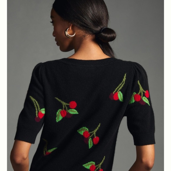 Women’s Maeve Puff-Sleeve 100% Cashmere Sweater Cherry print NWT $168 Size Small - Picture 2 of 7